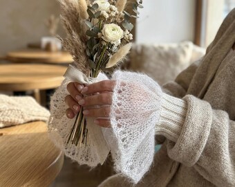 Patrón de punto en PDF para puños de encaje de mohair desmontables, calentadores de muñeca mullidos, puños románticos con volantes, patrón de punto para principiantes, calentadores de brazos.