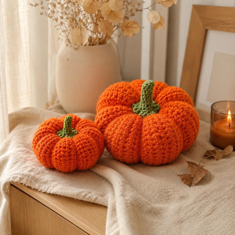 May include: Two handmade crochet pumpkins in a vibrant orange yarn with textured green stems. The pumpkins are round and segmented, featuring a dense, looped stitch pattern. They are displayed together on a light-colored fabric surface.