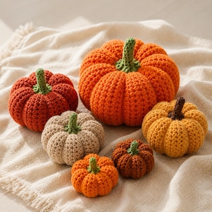 May include: A collection of six handmade crochet pumpkins in various sizes and colors, including bright orange, muted beige, deep rust, and golden yellow. Each pumpkin features a textured, ribbed surface and a small, contrasting green or brown stem.