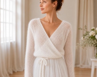 Patrón de punto para cárdigan tipo chal de mohair, prenda de abrigo nupcial en PDF, suéter tipo chal suave estilo balletcore, bolero ligero de mohair, cárdigan de uso diario.