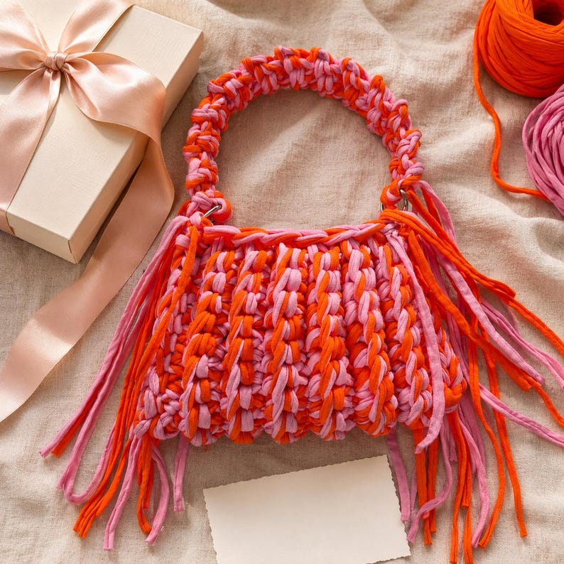 Quick Tshirt Yarn Crochet Bag Pattern, Beginner Mini Bag PDF, Chunky Crochet Purse Tutorial with Video image 11