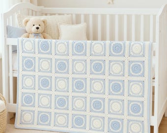 Patrón de manta de ganchillo para bebé niño en PDF, manta de ganchillo azul para bebé, manta cuadrada con motivos, regalo para baby shower