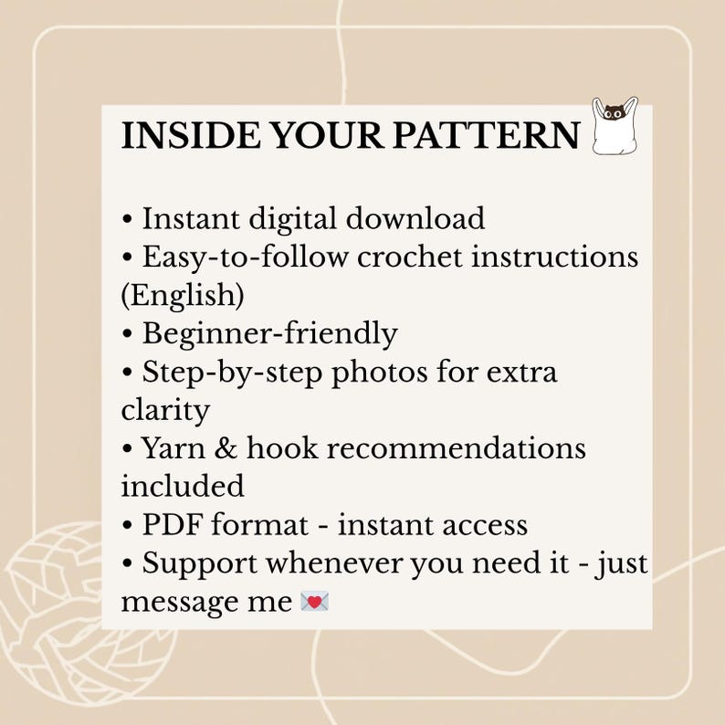 Peut inclure: Un patron de crochet num&eacute;rique avec le texte "INSIDE YOUR PATTERN". Comprend un t&eacute;l&eacute;chargement instantan&eacute;, des instructions faciles &agrave; suivre, adapt&eacute; aux d&eacute;butants, des photos &eacute;tape par &eacute;tape, des recommandations de fil et de crochet, et un format PDF. Support disponible.