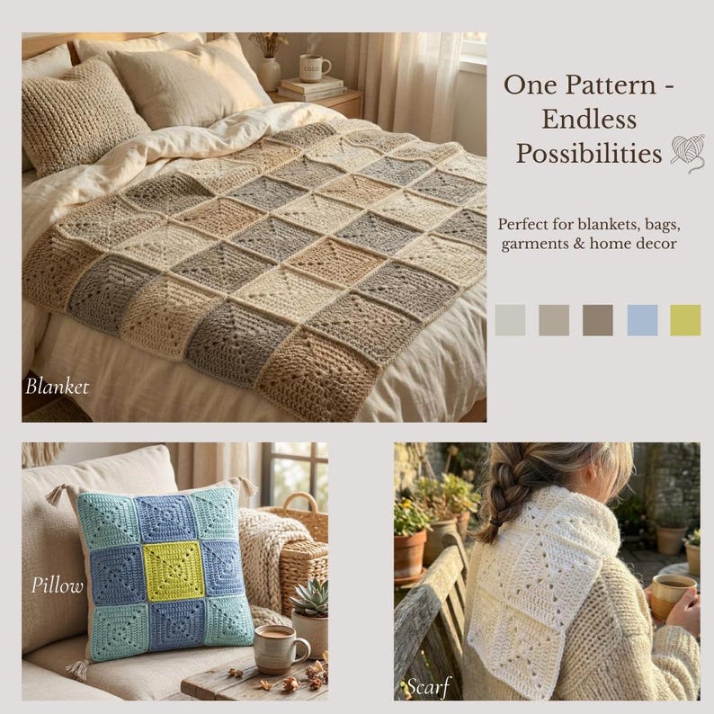 Peut inclure: Pr&eacute;sentation d'une couverture, d'un oreiller et d'une &eacute;charpe crochet&eacute;s. La couverture est un patchwork aux tons neutres. L'oreiller est bleu et vert avec un carr&eacute; central jaune. L'&eacute;charpe est blanche. Le texte indique : &laquo; Un motif - Possibilit&eacute;s infinies &raquo;.