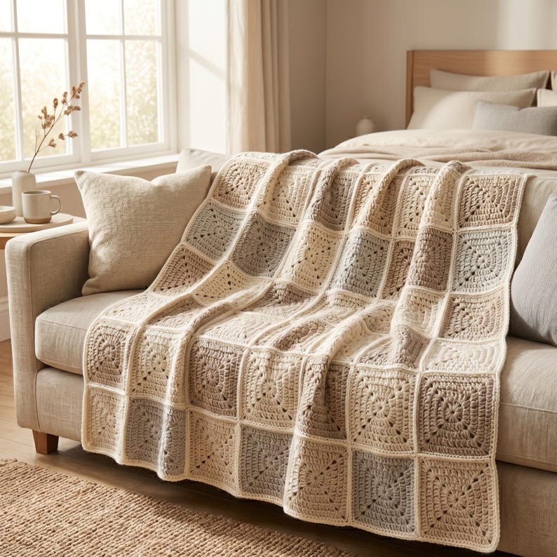 Peut inclure: Une couverture en crochet beige et grise drap&eacute;e sur un canap&eacute;. La couverture est compos&eacute;e de panneaux carr&eacute;s de diff&eacute;rentes nuances de beige et de gris. Le canap&eacute; est de couleur neutre, et la couverture ajoute une touche chaleureuse et faite &agrave; la main &agrave; la pi&egrave;ce.
