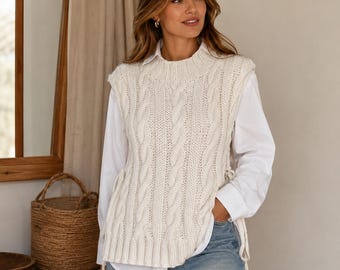 Patrón de chaleco de punto trenzado, patrón de chaleco de punto sin mangas, chaleco con lazo lateral en PDF, patrón de chaleco de punto largo para mujer