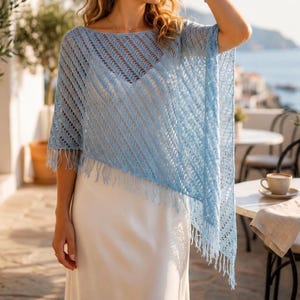 Lace Poncho Knitting Pattern PDF, Easy Lightweight Summer Cover Up, Openwork Rectangle Poncho with Fringe, Beach Wrap Pattern