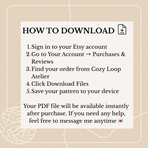 Peut inclure: Graphique beige avec des instructions pour t&eacute;l&eacute;charger un fichier PDF depuis Etsy. Le texte comprend des &eacute;tapes telles que la connexion, l'acc&egrave;s aux achats, la recherche de la commande de Cozy Loop Atelier et le t&eacute;l&eacute;chargement.