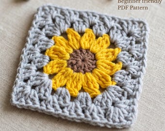 Patrón de ganchillo cuadrado Girasol Abuela – Motivo floral fácil y apto para principiantes para mantas, bolsos y decoración acogedora para el hogar (Tutorial en PDF)