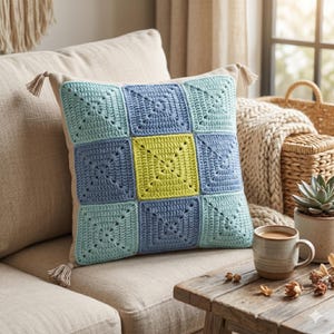 Peut inclure: Coussin carr&eacute; en crochet dans les tons de bleu et de vert, avec un carr&eacute; central jaune. Le coussin a un dos de couleur neutre et des glands &agrave; chaque coin. Le coussin est sur un canap&eacute; beige.