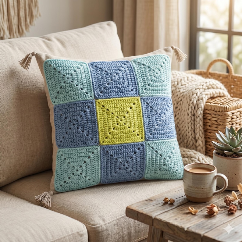 Peut inclure: Coussin carr&eacute; en crochet dans les tons de bleu et de vert, avec un carr&eacute; central jaune. Le coussin a un dos de couleur neutre et des glands &agrave; chaque coin. Le coussin est sur un canap&eacute; beige.