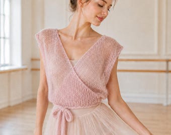 Patrón de punto en PDF para chaleco tipo chal de mohair, prenda nupcial vaporosa, bolero Balletcore, chaleco ligero de mohair, prenda femenina para superponer capas.