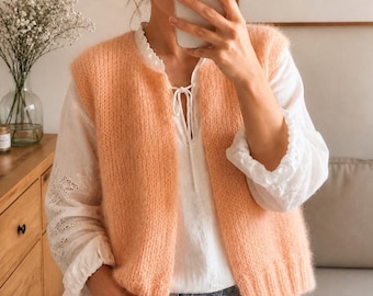 Modèle PDF de gilet tricoté en mohair, gilet en tricot facile pour débutant, gilet en alpaga duveteux et doux, cardigan sans manches minimaliste, haut en tricot confortable