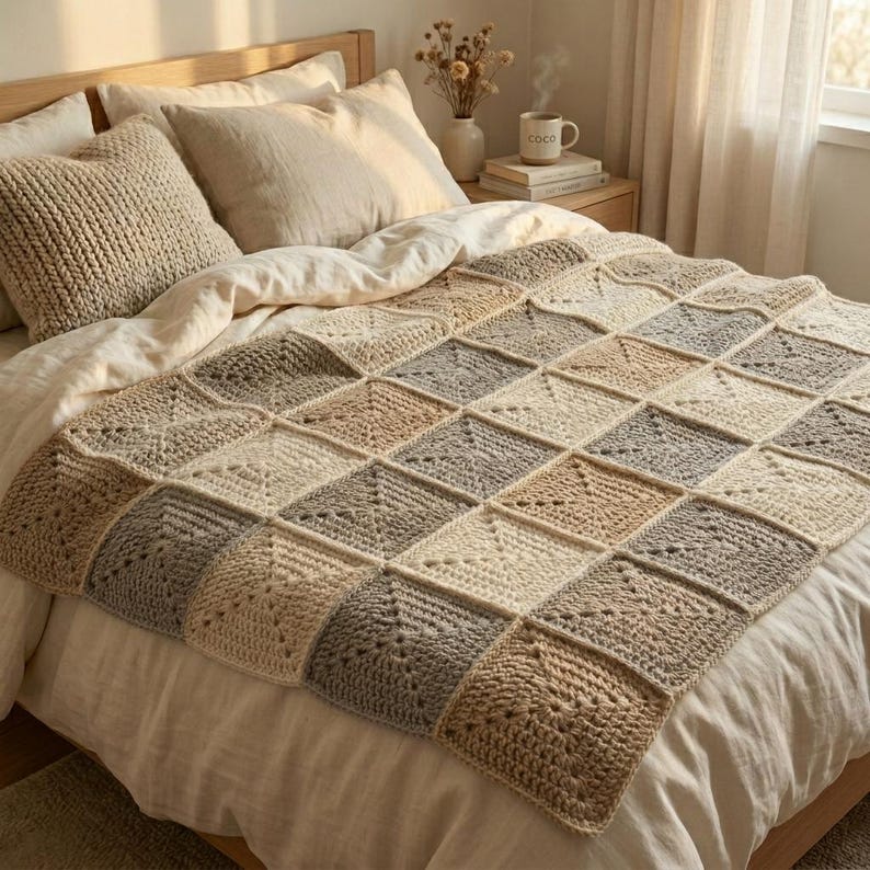 Peut inclure: Une couverture au crochet faite &agrave; la main, aux tons neutres, avec un motif g&eacute;om&eacute;trique en losanges. La couverture pr&eacute;sente des carr&eacute;s de diff&eacute;rentes nuances de beige, de gris et de cr&egrave;me. Elle est pr&eacute;sent&eacute;e sur un lit avec des oreillers et une literie assortis.