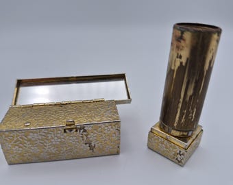 Vintage Avon Gold Tone Floral Lipstick Compact, 1950s Style Mirror Case, With Original Lipstick