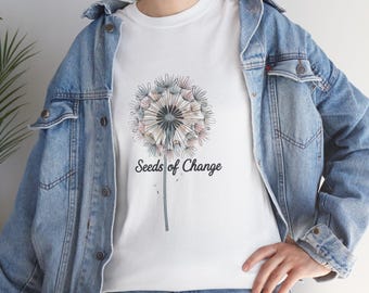 Camiseta Semillas de Cambio con Diente de León - Camiseta minimalista con estampado botánico - Camiseta con cita inspiradora - Camiseta estética floral con motivos de la naturaleza