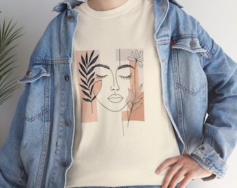 Camiseta minimalista con retrato femenino, camiseta gráfica de arte moderno, camiseta estética de arte lineal, cómoda camiseta de algodón para mujer.