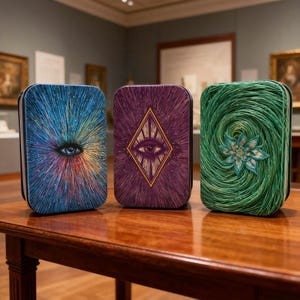 May include: Three rectangular metal tins with unique designs. One features a blue and purple eye design, another a purple diamond with an eye, and the third a green swirl with a flower. They are displayed on a wooden table.