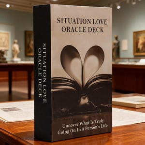 Peut inclure: Boîte rectangulaire de jeu d'oracle avec le texte "SITUATION LOVE ORACLE DECK" et une image d'un livre avec des pages pliées en forme de cœur. Le côté de la boîte est noir et porte le texte "SITUATION LOVE ORACLE DECK" verticalement.