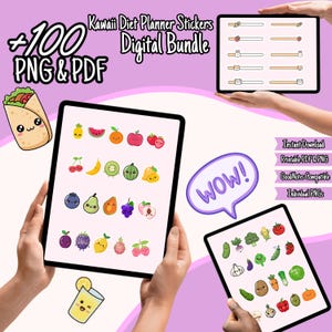 Może przedstawiać: Cyfrowy pakiet naklejek Kawaii do planowania diety w formatach PNG i PDF. Obraz przedstawia różne urocze naklejki z owocami i warzywami, a także paski postępu i dymek z napisem "WOW!"