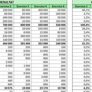 May include: A financial report table with rows and columns, showing data for five exercises. The table includes categories such as "Sales of Goods", "Accessories", and "Services", with numerical data and percentages.