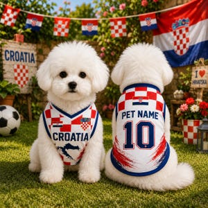 May include: Two white fluffy dogs wearing matching sleeveless jerseys featuring the red and white Croatian checkerboard pattern. The front displays the word CROATIA, while the back shows the text PET NAME and the number 10 in blue lettering.