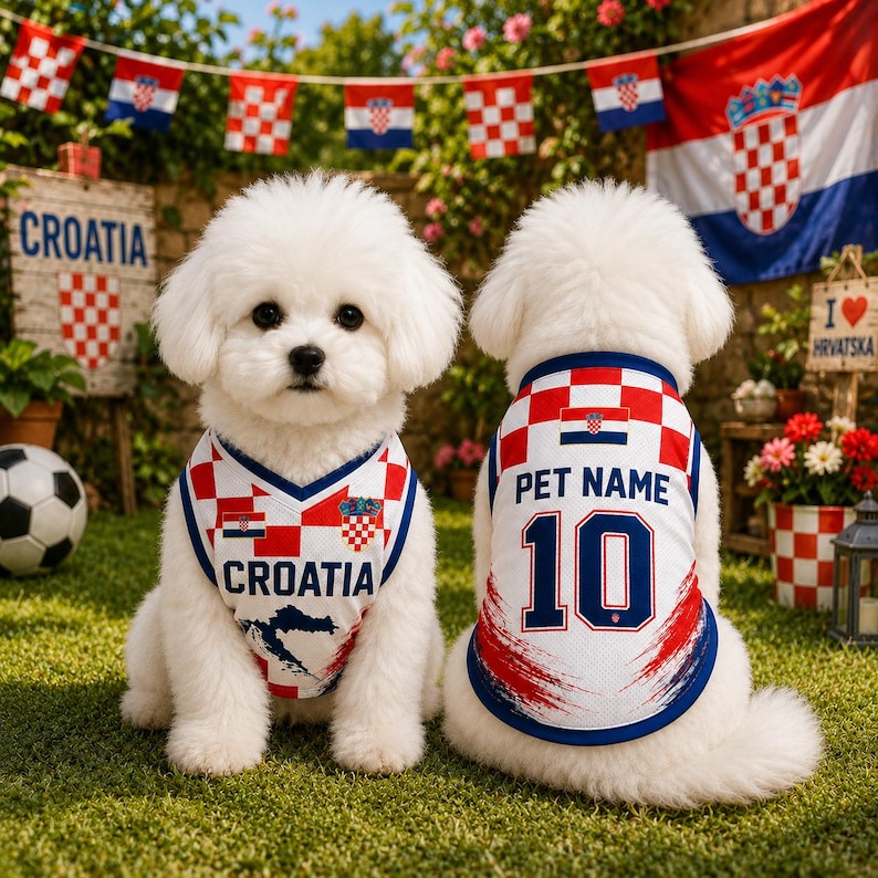 May include: Two white fluffy dogs wearing matching sleeveless jerseys featuring the red and white Croatian checkerboard pattern. The front displays the word CROATIA, while the back shows the text PET NAME and the number 10 in blue lettering.