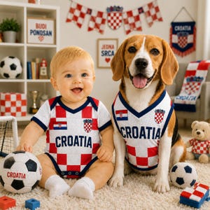 May include: A baby and a beagle dog wearing matching white mesh jerseys with red and white checkered patterns, the text CROATIA, and the Croatian coat of arms. The baby sits next to a soccer ball with the text CROATIA printed on the side.