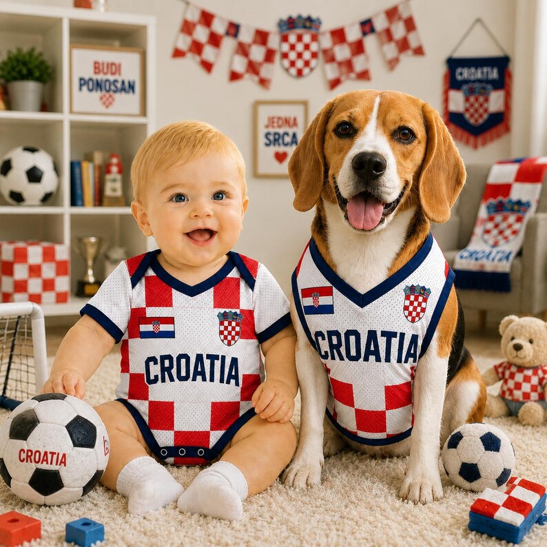 May include: A baby and a beagle dog wearing matching white mesh jerseys with red and white checkered patterns, the text CROATIA, and the Croatian coat of arms. The baby sits next to a soccer ball with the text CROATIA printed on the side.