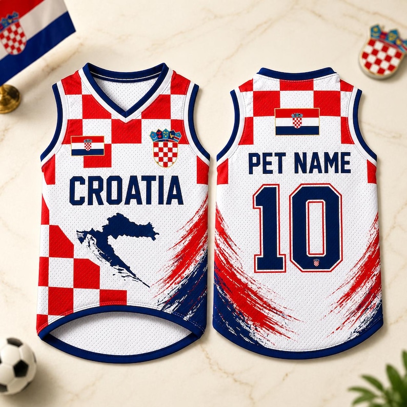 May include: A sleeveless pet jersey featuring a red and white checkered pattern, the text CROATIA, a map silhouette, and a crest on the front. The back displays the text PET NAME above the number 10 and a small Croatian flag emblem.