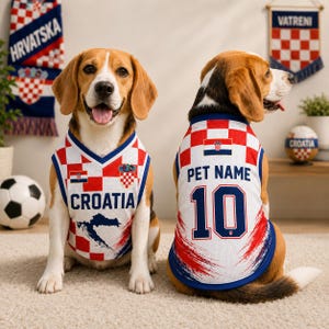 May include: A white, red, and blue mesh pet jersey featuring the text Croatia, the number 10, and the text Pet Name. The jersey displays a red and white checkerboard pattern, a small Croatian flag emblem, and a map graphic of the country.