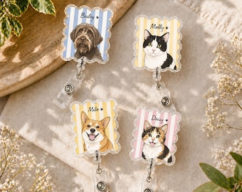 Custom Pet Photo Badge Reel, Personalized Dog and Cat Picture ID Holder, Striped Retractable Badge Clip for Pet Owner, Animal Lover Gift