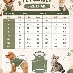 May include: A pet jersey size chart featuring a table with US sizes from S to 5XL, listing chest, length, and neck measurements in inches and centimeters. The graphic includes illustrations of a dog and a cat wearing olive green jerseys.