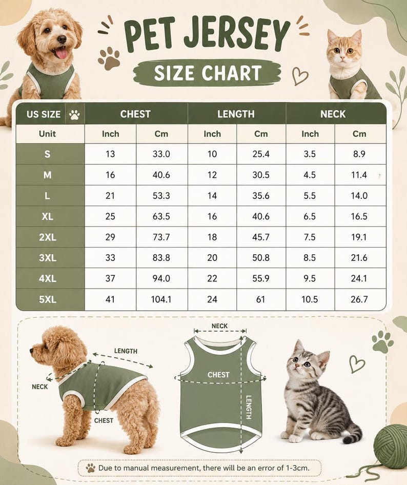 May include: A pet jersey size chart featuring a table with US sizes from S to 5XL, listing chest, length, and neck measurements in inches and centimeters. The graphic includes illustrations of a dog and a cat wearing olive green jerseys.