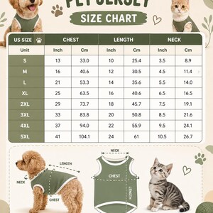 May include: A pet jersey size chart featuring a table with US sizes S through 5XL, listing chest, length, and neck measurements in inches and centimeters. The graphic includes illustrations of a dog and a cat wearing olive green jerseys.