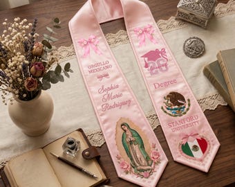 Personalized Hispanic Heritage Graduation Stole, Pink Mexican Graduation Stole 2026, Virgen de Guadalupe Catholic Sash, Orgullo Mexicano