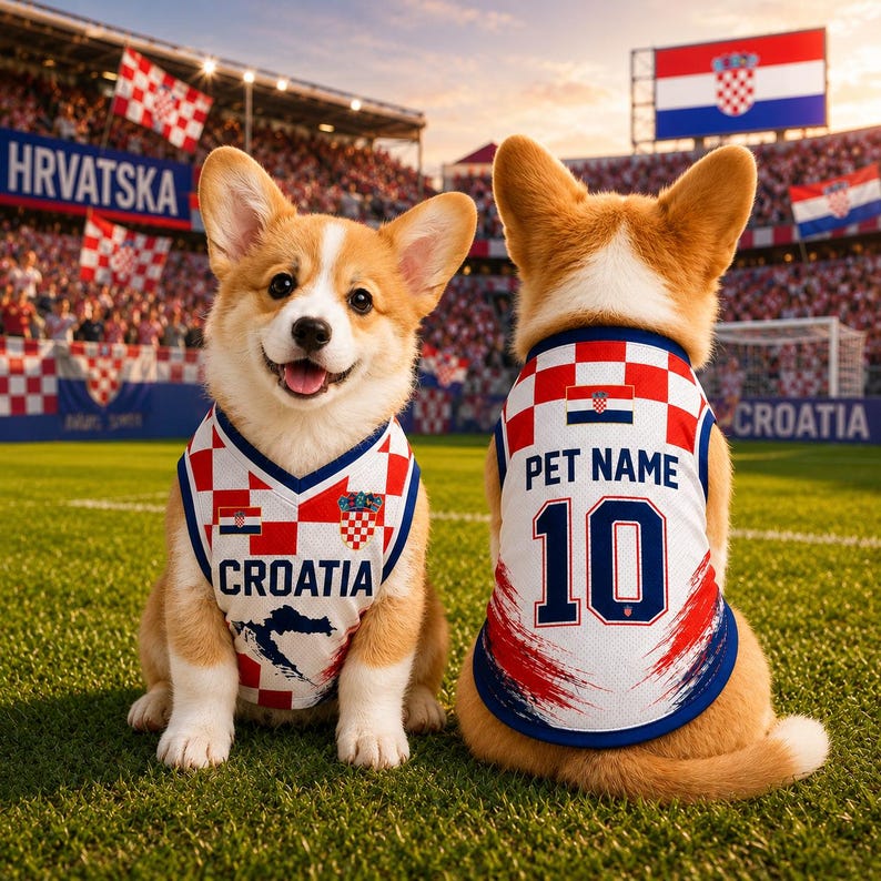 May include: Two tan and white Corgi dogs wearing matching sleeveless jerseys featuring the red and white checkered Croatian flag pattern. The front jersey displays the text CROATIA, while the back jersey shows PET NAME and the number 10.
