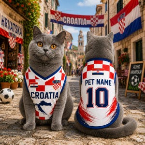 May include: Two gray cats wearing white, red, and blue Croatia soccer jerseys. The front jersey features the text Croatia and a map graphic. The back jersey displays the text Pet Name and the number 10, with a red and white checkered pattern.