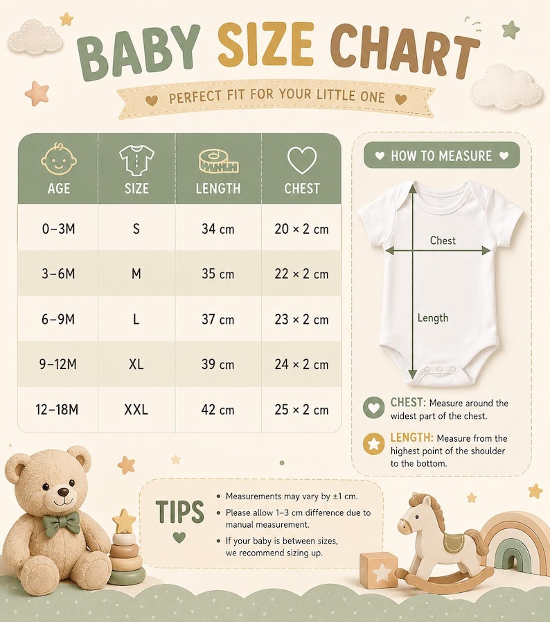 May include: A baby size chart featuring a white bodysuit illustration with length and chest measurement indicators. The table lists ages from 0-3M to 12-18M with corresponding sizes S to XXL, lengths in cm, and chest widths in cm. Includes tips.