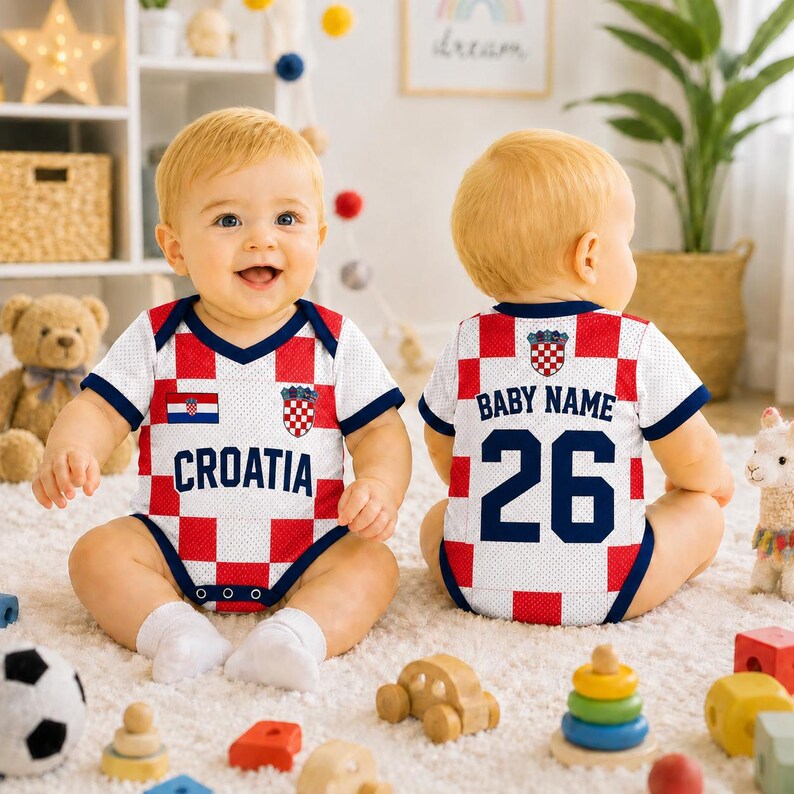 May include: A baby bodysuit featuring a red and white checkered pattern, navy blue trim, and the text Croatia on the front. The back displays the text Baby Name above the number 26, with a small Croatian coat of arms emblem on both sides.