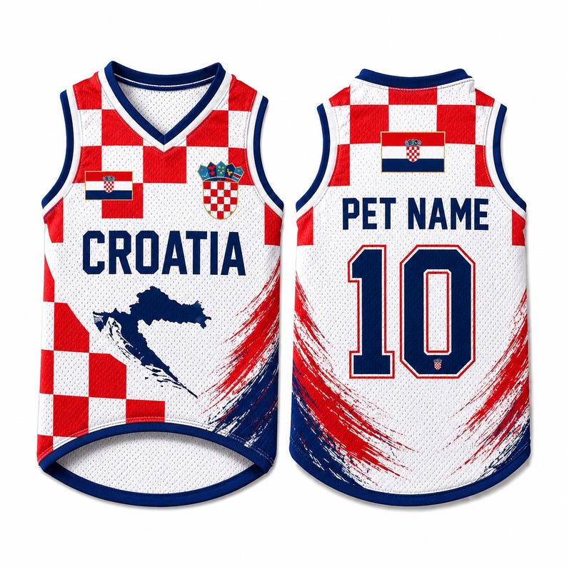 May include: A sleeveless mesh pet jersey featuring a red and white checkered pattern, the text CROATIA, a map of Croatia, and the Croatian coat of arms on the front. The back displays the text PET NAME, the number 10, and a small Croatian flag.
