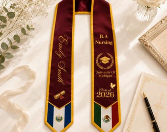 Custom Printed Two Flags Graduation Stole 2026, Mexico El Salvador Mixed Flag Grad Sash with Name, Personalized Graduate Sash Class of 2026