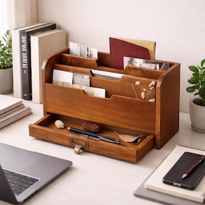 Puede incluir: Un organizador de escritorio de madera con múltiples compartimentos y un cajón. El organizador está hecho de madera de tonos cálidos y contiene varios elementos, incluyendo tarjetas, un bolígrafo y una hoja. El cajón tiene un tirador de metal.