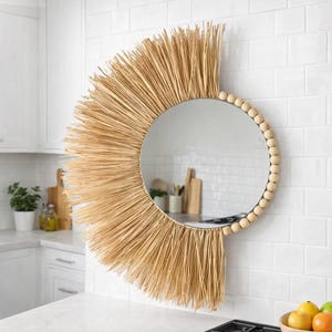 Boho Woven Straw Mirror, Nordic Macrame Wall Art, Rustic Rattan Accent (35cm Diameter)