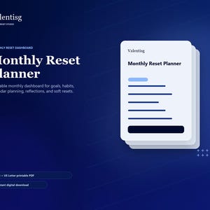 Könnte beinhalten: Digitales Produktbild mit dunkelblauem Hintergrund. Der Text "Monthly Reset Planner" ist in Weiß dargestellt. Ein Stapel weißer Planerseiten mit blauen Linien und dem Text "Monthly Reset Planner" befindet sich auf der rechten Seite.
