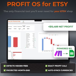 May include: A laptop screen displaying the Profit OS for Etsy financial dashboard with charts, tables, and the text +$15,489 NET PROFIT. Below the screen, four green checkmark bullet points list features: Detects Hidden Fees, Exact Profit Calc, Projected Month-End, and Auto-Syncs Currencies.