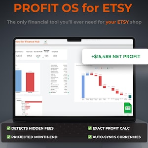 May include: A laptop screen displaying financial data with the text "PROFIT OS for ETSY". The screen shows charts, figures, and the text "+$15,489 NET PROFIT". Additional text includes "DETECTS HIDDEN FEES", "EXACT PROFIT CALC", "PROJECTED MONTH-END", and "AUTO-SYNCS CURRENCIES".