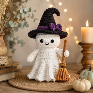 Virkat häx- och spöke-amigurumimönster i PDF-format, söt Halloween-spök- och häxdocka, gör-det-själv-plyschleksak, direktnedladdning