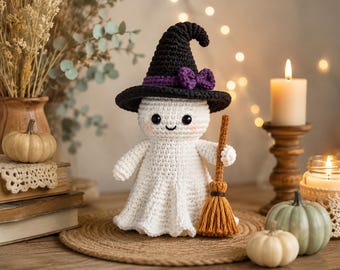 Crochet Witch Ghost Amigurumi Pattern PDF, Halloween Cute Ghost Witch Doll, DIY Plush Toy, Instant Download