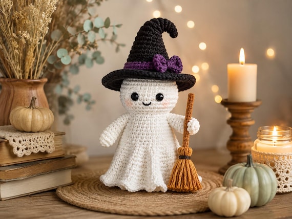 Crochet Witch Ghost Amigurumi Pattern PDF, Halloween Cute Ghost Witch Doll, DIY Plush Toy, Instant Download